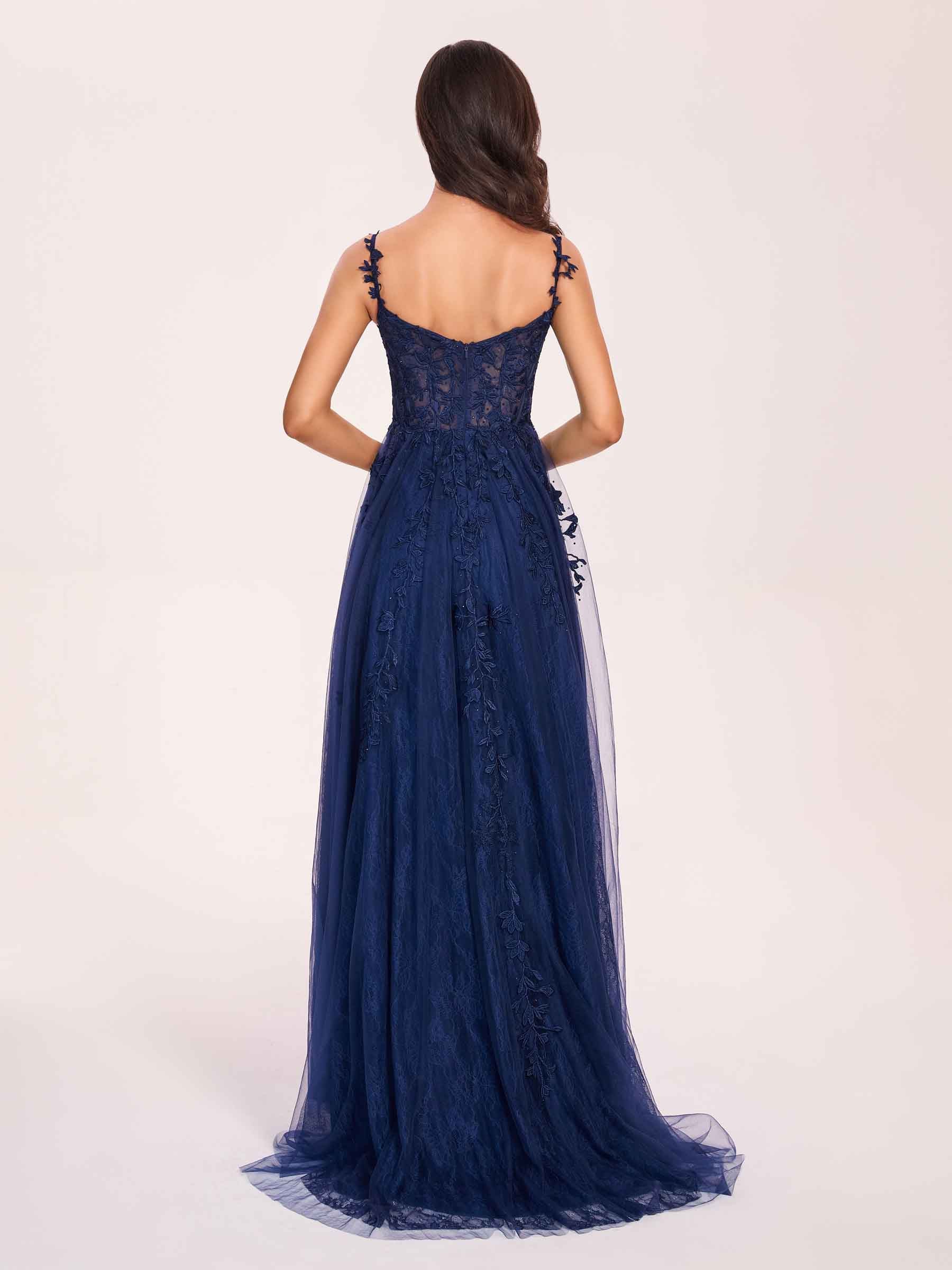 Dark Navy Spaghetti Strap Long Mopping The Floor Floral Style Formal Prom Dress
